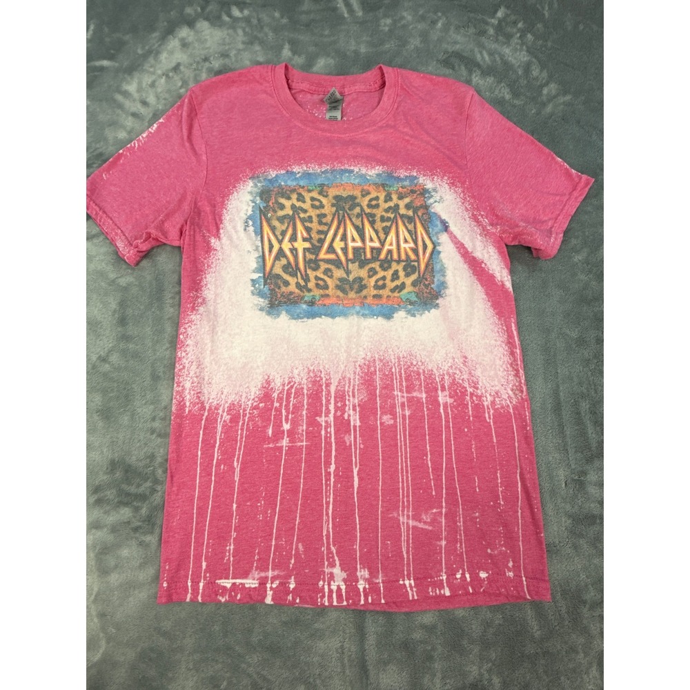 Def Leppard Pink Bleached Graphic Tee Leopard Print Rock Band Shirt S Glam Metal